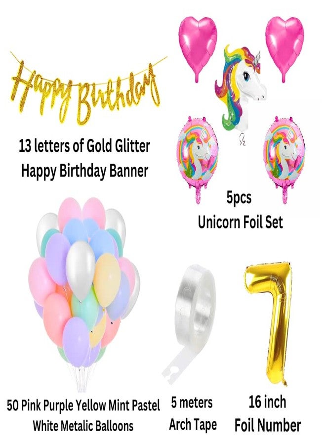Flyloons Unicorn Theme 7Th Birthday Decorations Kit For Girls Boys Kids For 7 Year With Unicorn Foil Heart Foil Pink Purple Yellow Mint Orange Blue Pastel White Metallic Balloons Happy Banner, 58 Pcs - Image 2